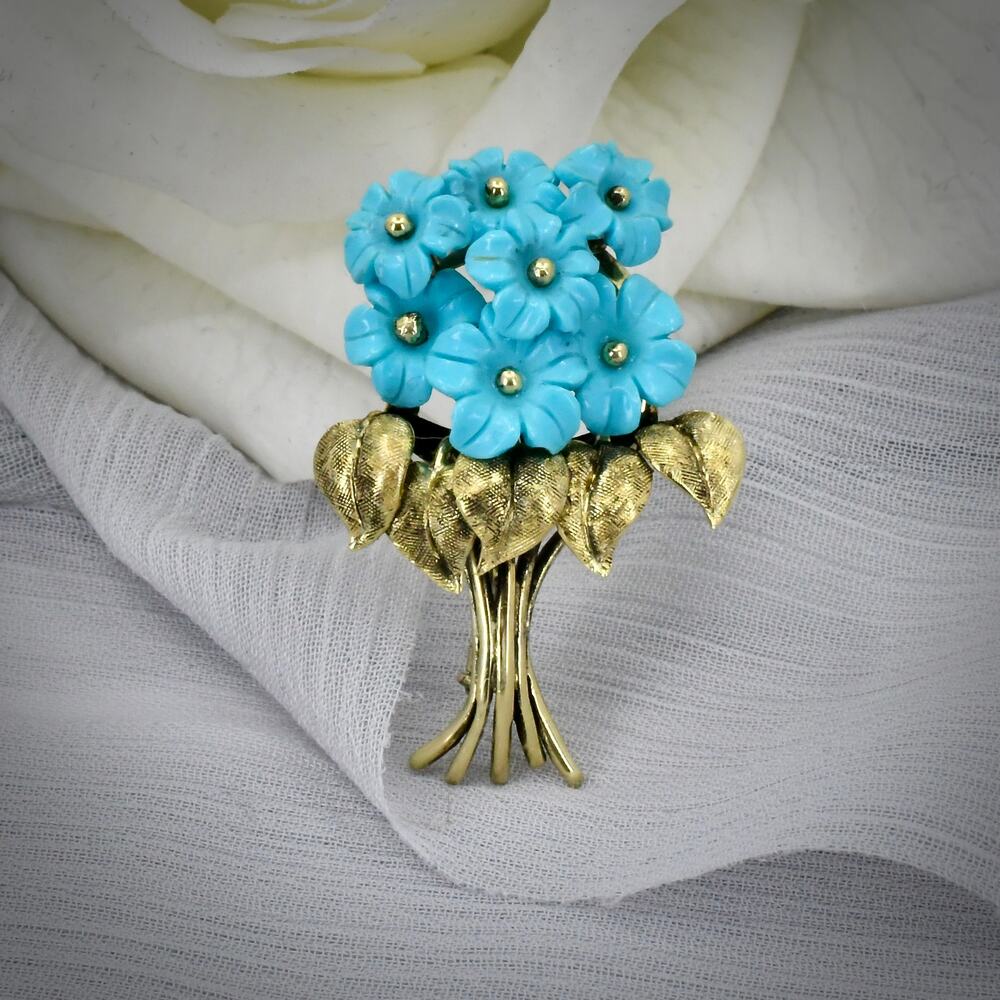Vintage 14K Yellow Gold Turquoise Flower Bouquet Brooch / Scarf Pin/ Pendant